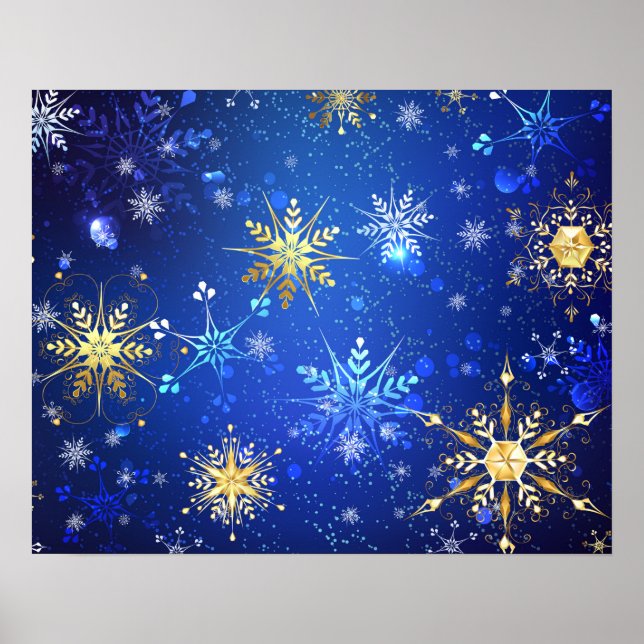 Poster Fundo Azul XMAS com Flocos de Neve Ouro (Frente)