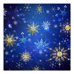 Pôster Fundo Azul XMAS com Flocos de Neve Ouro