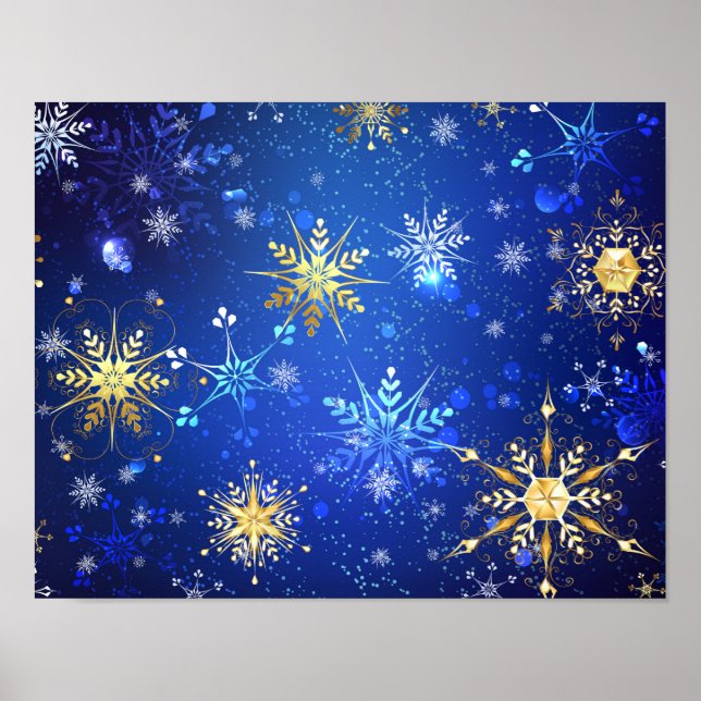 Poster Fundo Azul XMAS com Flocos de Neve Ouro (Frente)