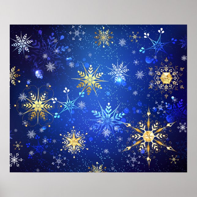 Poster Fundo Azul XMAS com Flocos de Neve Ouro (Frente)