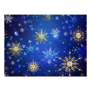 Pôster Fundo Azul XMAS com Flocos de Neve Ouro