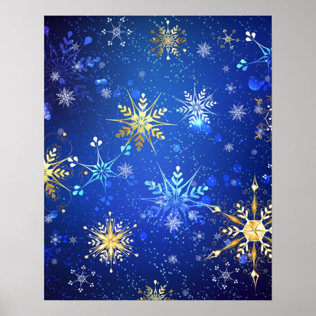 Poster Fundo Azul XMAS com Flocos de Neve Ouro (Frente)