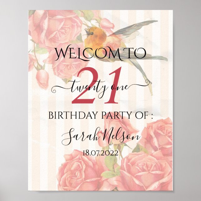 Poster Fundo Com Tiras, Rosas E Colibri Rosa (Frente)
