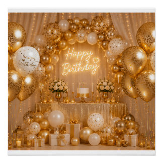 Pôster Fundo de balão de aniversário elegante dourado e b
