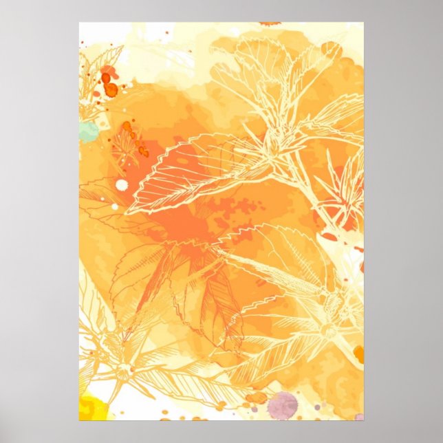 Pôster Fundo de Cores de Água Vetor e Flores Tropicais (Frente)