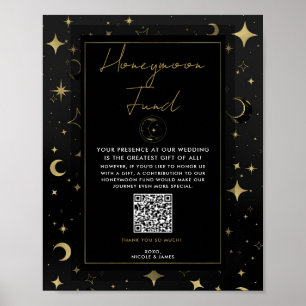 Poster Fundo de Lua Celestial de Estrelas Preto e Dourado