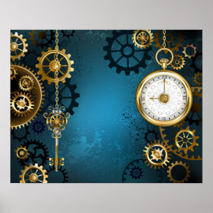 Poster Fundo de turquesa Steampun com engrenagens