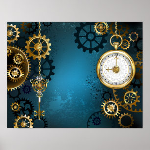 Poster Fundo de turquesa Steampun com engrenagens
