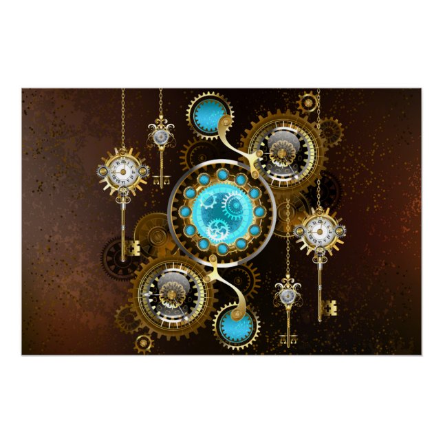 Pôster Fundo Enferrujado Steampunk com Lentes Turquesa (Frente)