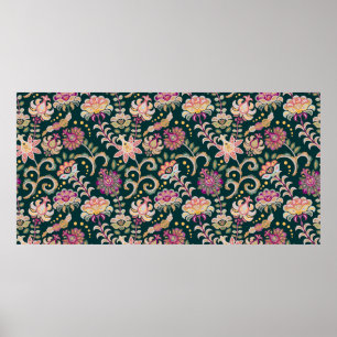 Poster Fundo floral sem costura. Flores e folhas cor-de-r