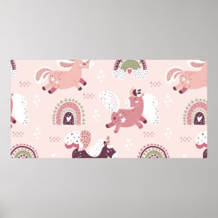 Poster Fundo mágico com pequenos unicórnios e arco-íris
