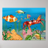 fundo marinho com caranguejo vermelho, algas e pei