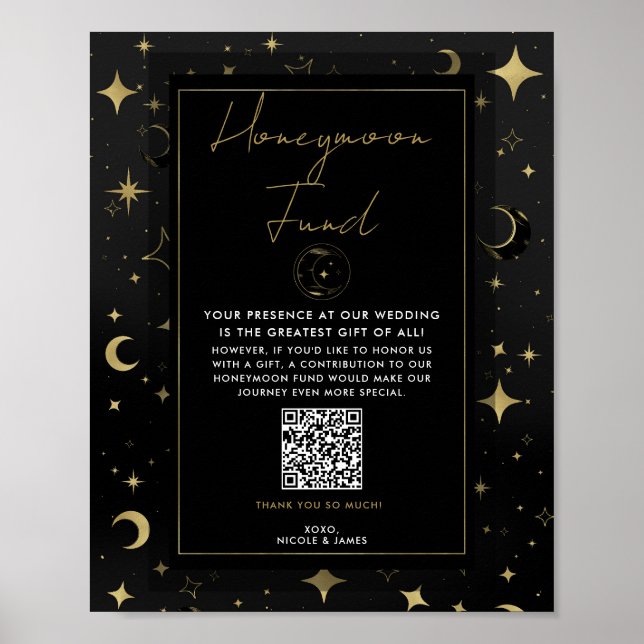 Poster Fundo Preto e Dourado Celestial Lua Estrelas Lua d (Frente)