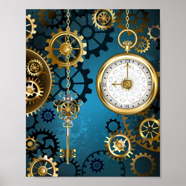 Poster Fundo turquesa Steampunk com Engrenagens (Frente)