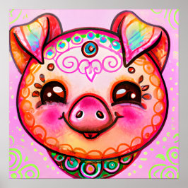 Poster Funky Boho Pig Fazenda Retrato Animal