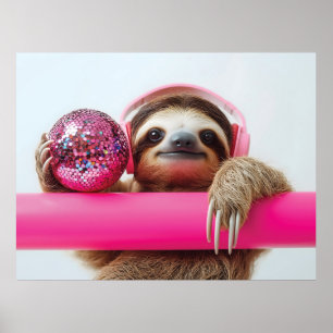 Poster Funky Sloth com Fones de ouvido cor-de-rosa e Disc