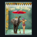 Poster Funky Vintage Party Girl 40th Birthday<br><div class="desc">Fun and funky altered art 40th birthday vignette features vintage party girl in swimsuit and a parasol carrying elephant photo cutouts with neon text</div>