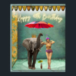 Poster Funky Vintage Party Girl 40th Birthday<br><div class="desc">Fun and funky altered art 40th birthday vignette features vintage party girl in swimsuit and a parasol carrying elephant photo cutouts with neon text</div>