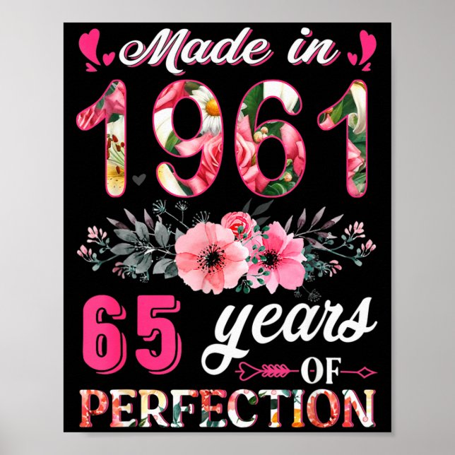 Poster Funny 65 Years Old Made In 1961 Floral 65th Birthd (Frente)