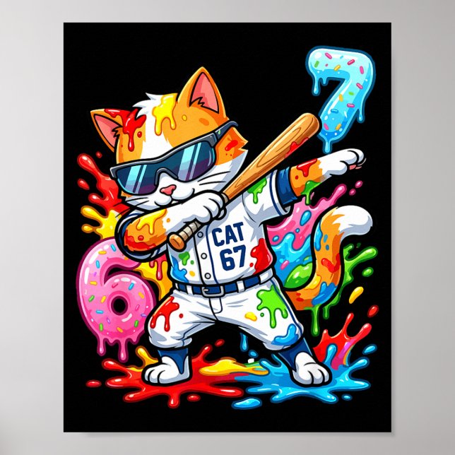 Poster Funny 67 Baseball Dabbing Cat 6 7 Dripng Ice Cream (Frente)