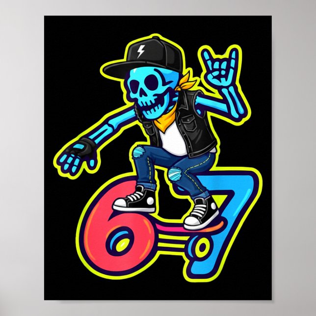 Poster Funny 67 Skeleton Skater Meme Retro Skateboarding  (Frente)