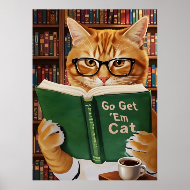 Poster Funny Adorable Reading Cat Art Coffee Tabby Cat (Frente)