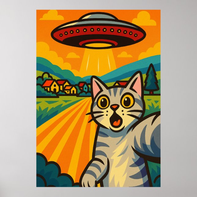 Poster Funny Alien Cat UFO Abduction Cat Retro Pop Art (Frente)