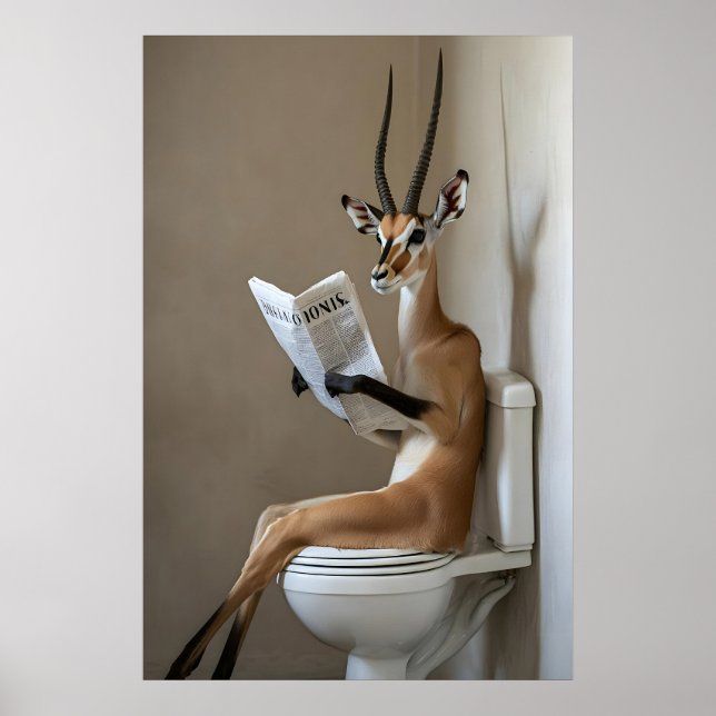 Poster Funny Antelope Bathroom Print, Toilet Newspaper (Frente)