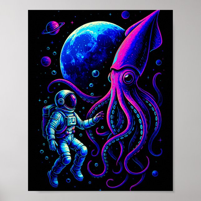 Poster Funny Astronaut And Squid In Underwater Space With (Frente)