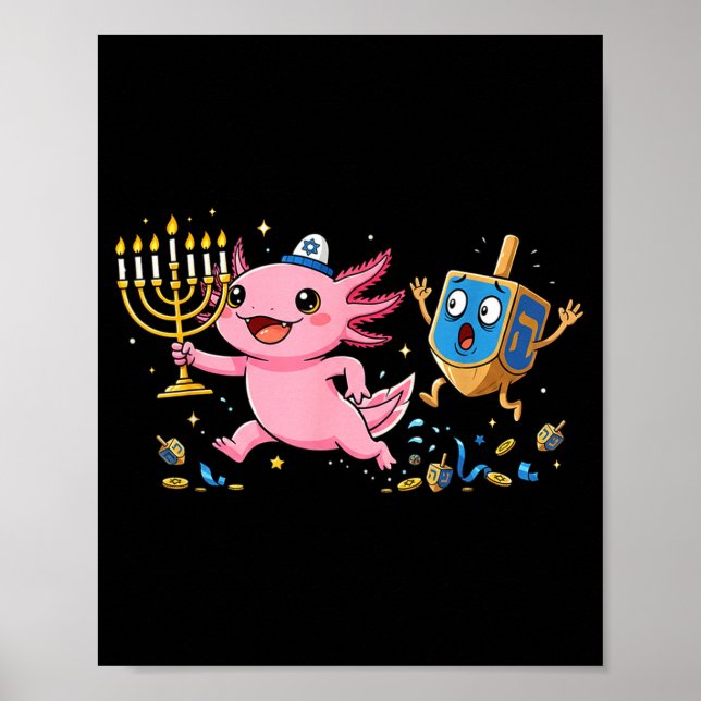 Poster Funny Axolotl Dreidel Menorah Hanukkah Kids Womens (Frente)