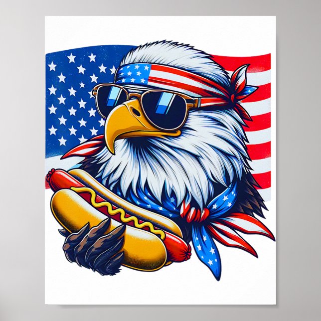 Poster Funny Bald Eagle Hotdog American Flag 4 De Julho (Frente)