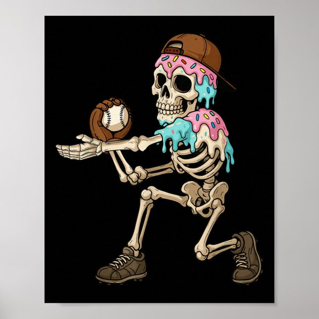 Poster Funny Baseball Skeleton Ice Cream Drip Baseball Bo (Frente)