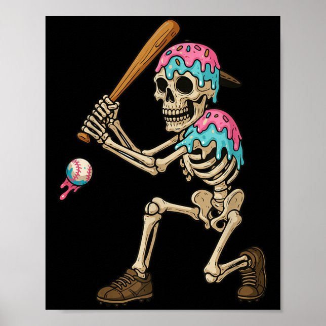 Poster Funny Baseball Skeleton Ice Cream Drip Baseball Bo (Frente)