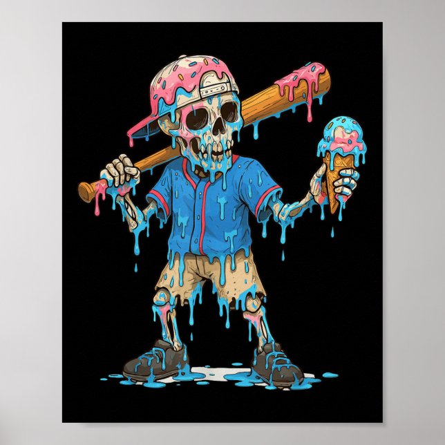 Poster Funny Baseball Skeleton Ice Cream Drip Baseball Bo (Frente)