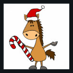 Poster Funny Bay Horse in Santa Hat Christmas<br><div class="desc">Cool fun cute bay horse wearing Santa hat and holding candy cane Christmas cartoon is popular with horse lovers and animal lovers during Christmas holidays.</div>