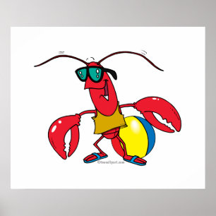 Poster funny beach going lobster cartoon