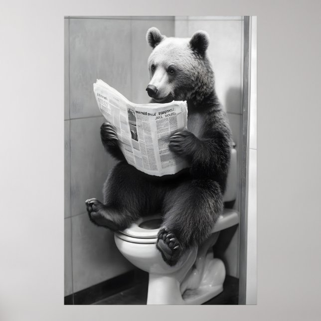 Poster Funny Bear Bathroom Print, Toilet Newspaper (Frente)
