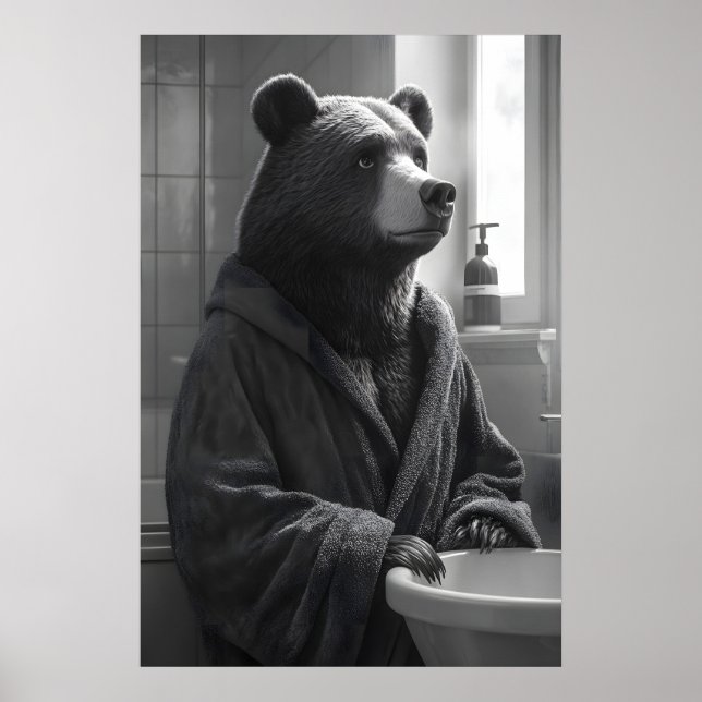 Poster Funny Bear in Bathrobe Print, Quirky Bathroom (Frente)