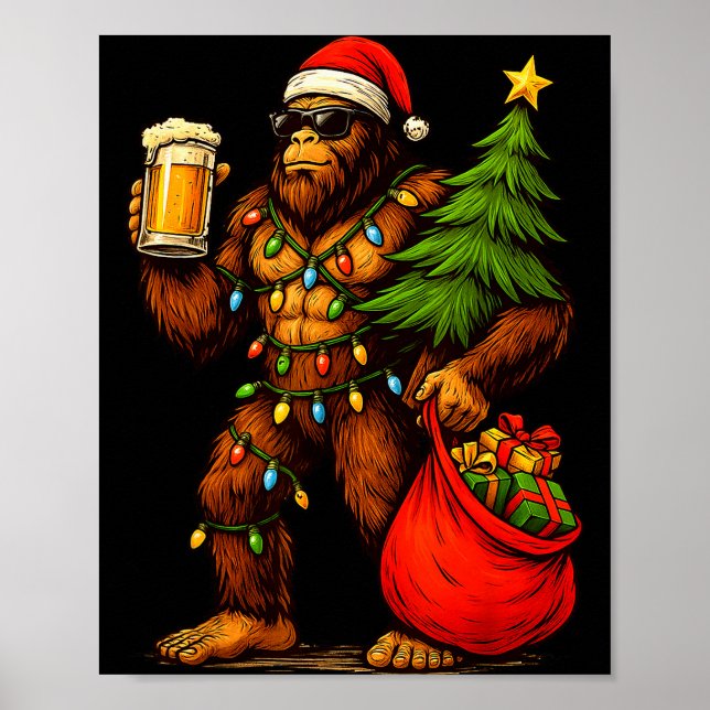 Poster Funny Big Foot Santa Hat Drink Christmas Tree Xmas (Frente)