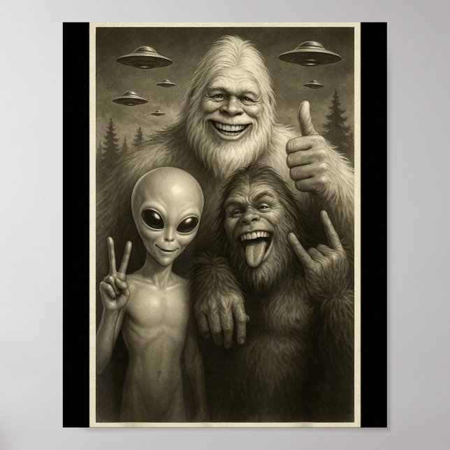 Poster Funny Bigfoot, Alien, &amp; Yeti Sasquatch Rock On (Frente)