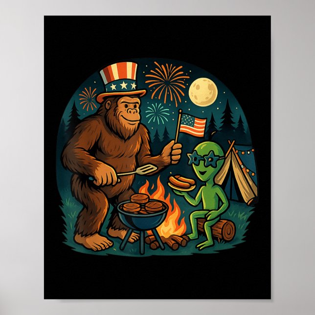 Poster Funny Bigfoot Alienígena Campfire 4 De Julho Ameri (Frente)