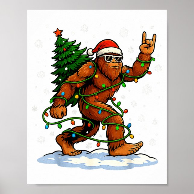 Poster Funny Bigfoot Rock On Christmas Lights Snow Holida (Frente)