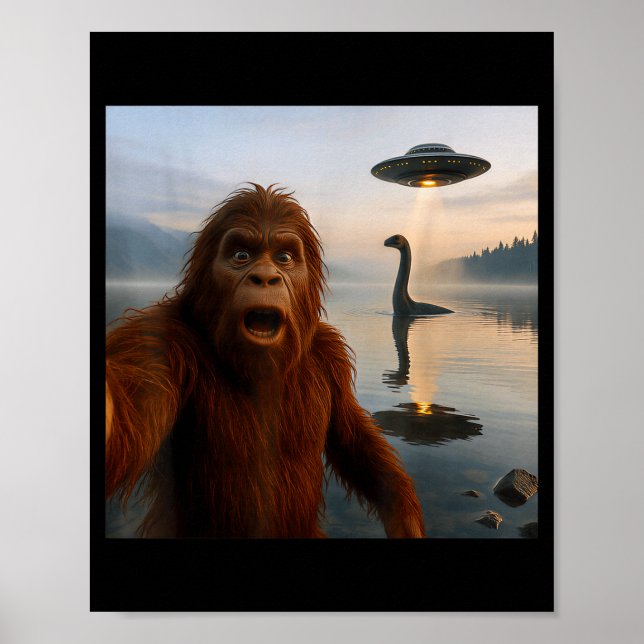 Poster Funny Bigfoot Selfie With Loch Ness Monster And Uf (Frente)