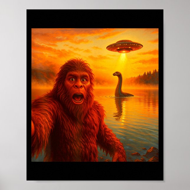 Poster Funny Bigfoot Selfie With Loch Ness Monster And Uf (Frente)