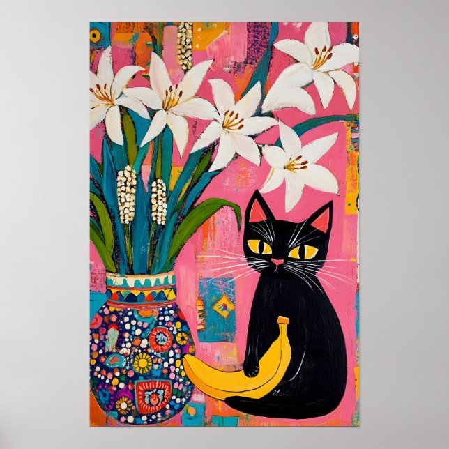 Poster Funny Black cat Banana and Flower Vase  (Frente)