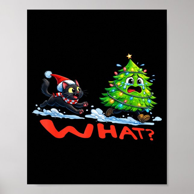 Poster Funny Black Cat Chasing Christmas Tree Over Cat Wh (Frente)
