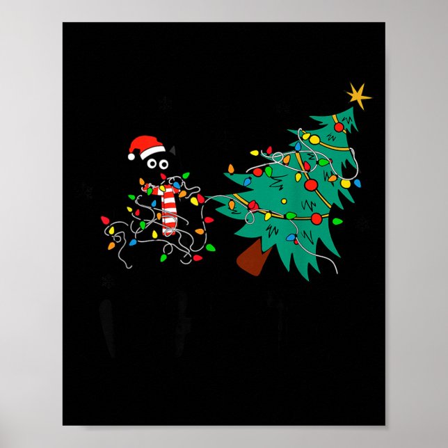 Poster Funny Black Cat Gift Pushing Christmas Tree Over C (Frente)