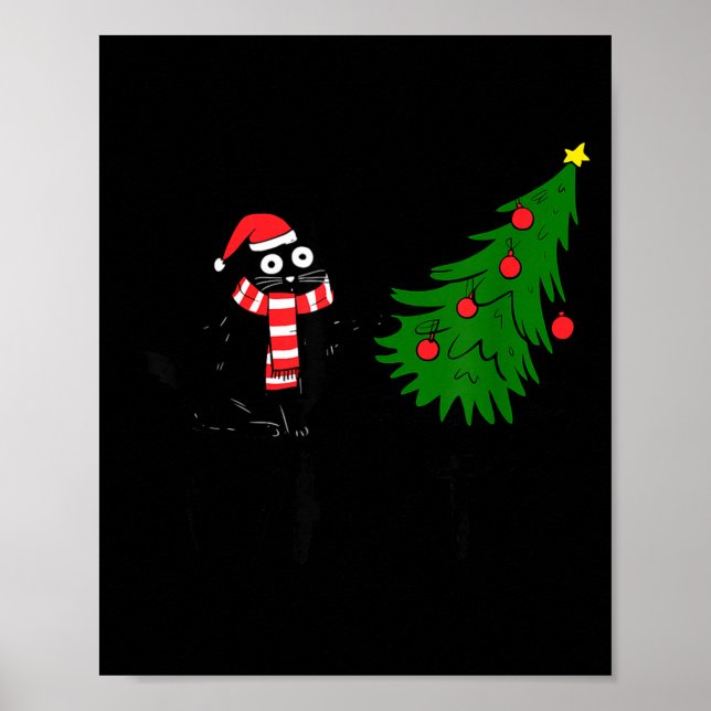 Poster Funny Black Cat Gift Pushing Christmas Tree Over C (Frente)