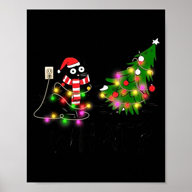 Poster Funny Black Cat Gift Pushing Christmas Tree Over C (Frente)