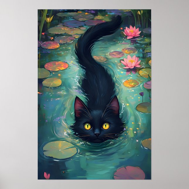 Poster Funny Black cat is swimming  (Frente)